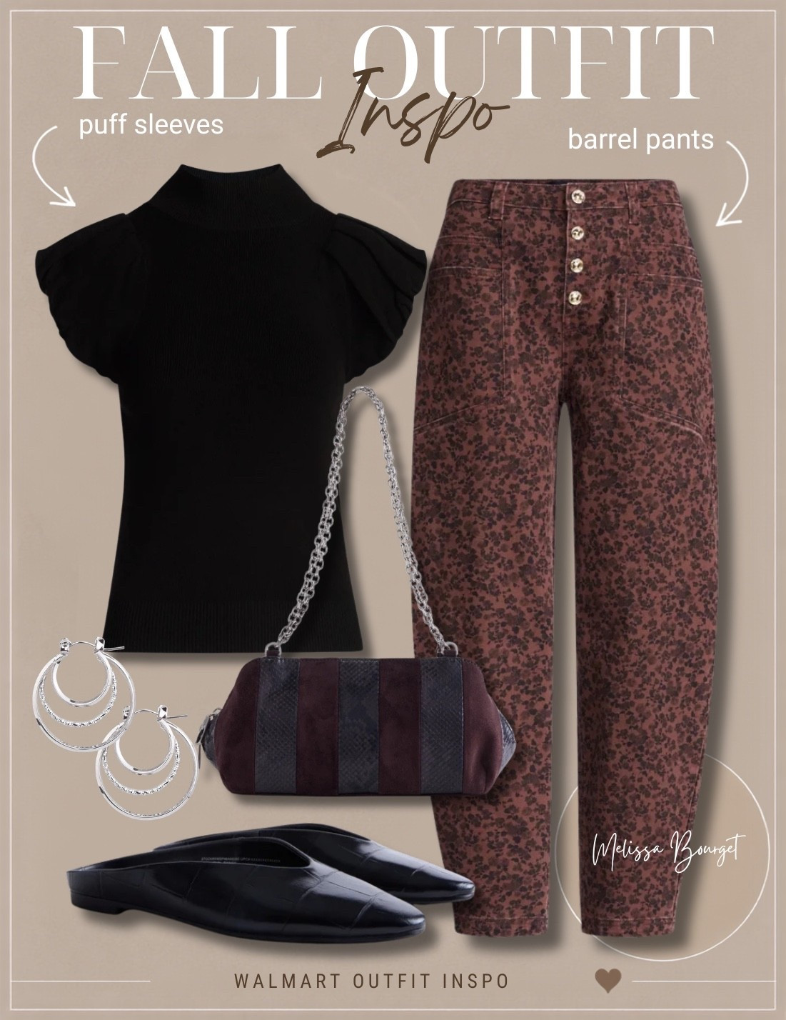 Fall outfit inspo I can’t stop thinking about 🍂🤎 The puff sleeve top paired with floral barrel pants is such a cute mix of feminine + trendy, and the black accessories pull the whole look together. Perfect for an easy elevated fall outfit! Everything is from @Walmart  ✨

Walmart fall outfit, fall outfit inspo, Walmart fashion, barrel pants outfit, floral barrel pants, puff sleeve top, affordable fall fashion, casual chic outfit, mom style, fall fashion finds, Walmart outfit ideas, trendy fall outfit, everyday fall style, affordable fashion finds

#LTKNYFW #LTKSeasonal #LTKMidsize
