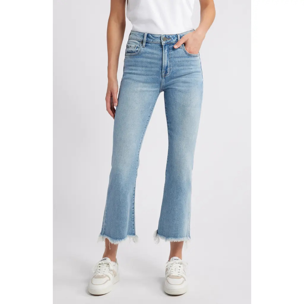 HIDDEN JEANS High Waist Raw Hem Crop Flare Jeans in Light Wash at Nordstrom, Size 25 | Nordstrom