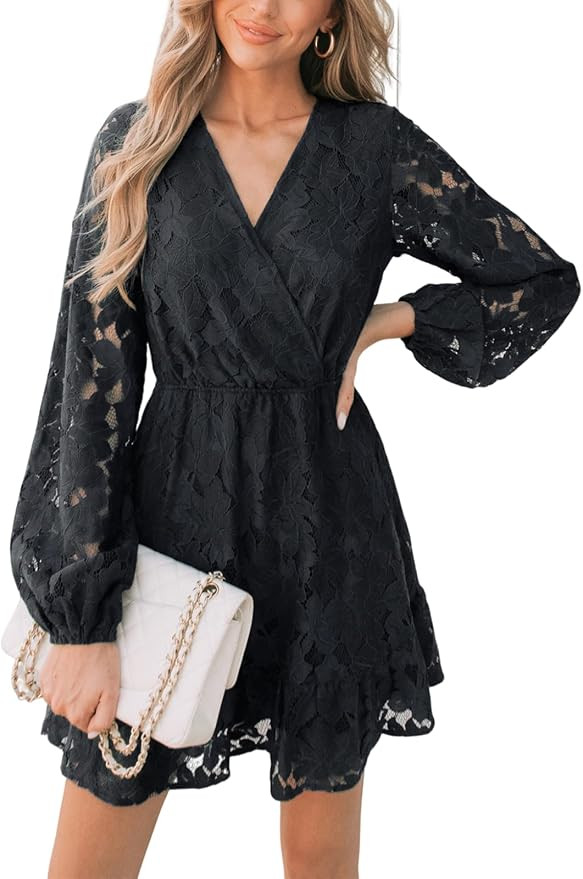 CUPSHE Women Elegant V Neck Lace Peasant Sleeve Mini Summer Dress Elastic High Waist A Line Casua... | Amazon (US)