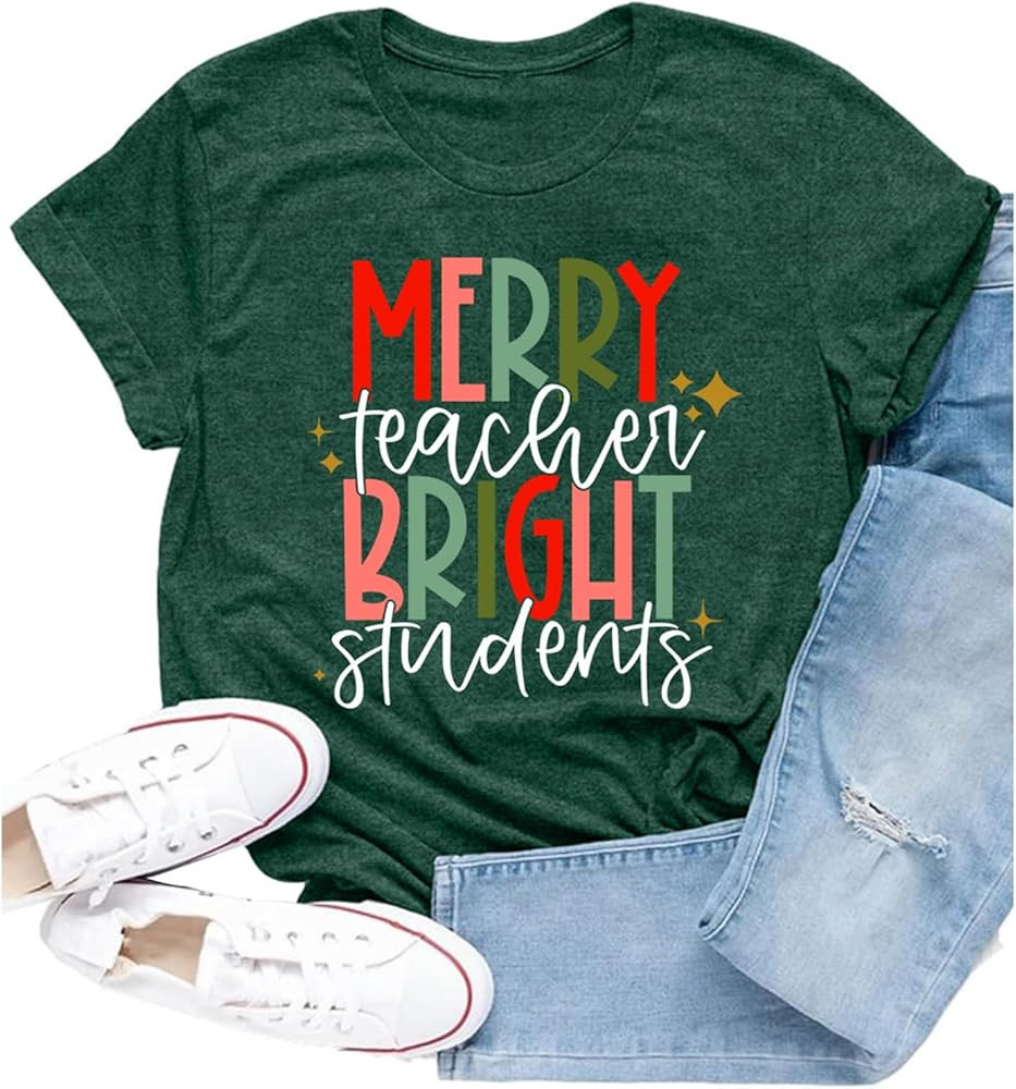 Teacher Christmas Shirt for Women Merry Teacher Bright Students T-Shirts Teachers Life Xmas Bless... | Amazon (US)