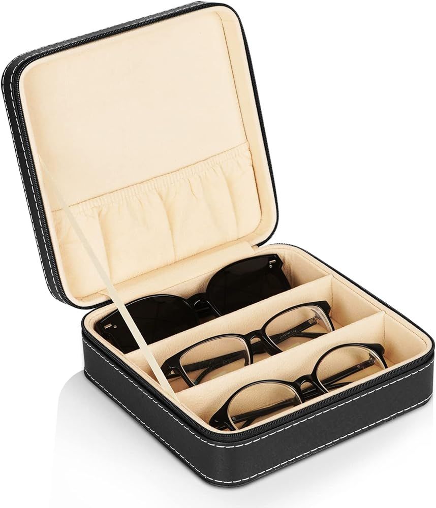 Portable 3-Slot Glasses Storage Travel Sunglass Organizer Zipper Box Jewelry Leatherette Display ... | Amazon (US)