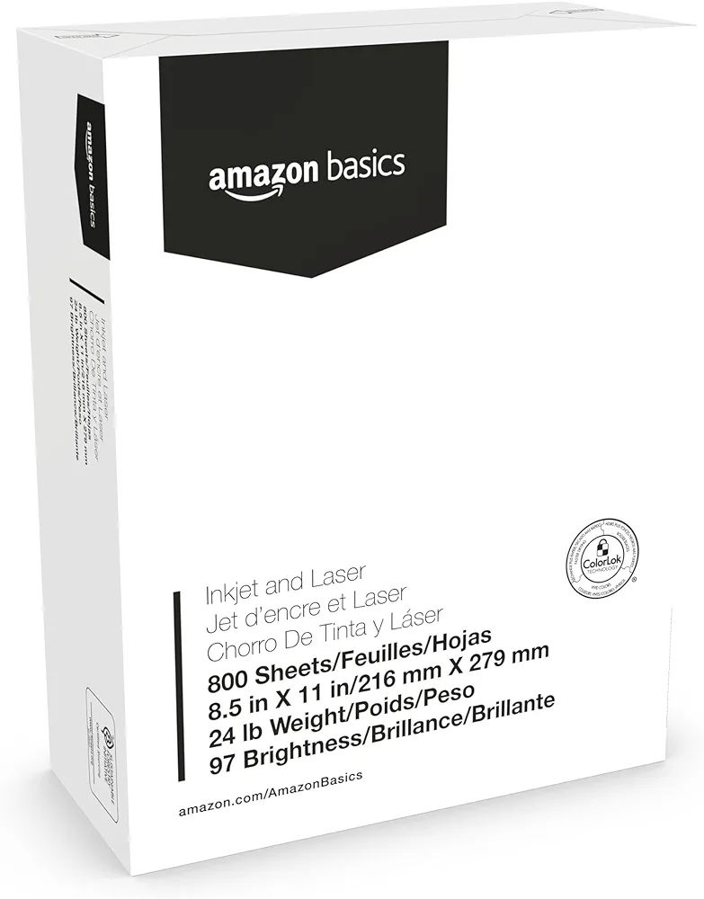 Amazon Basics Multipurpose Copy Printer Paper, 24lb, 8.5-x-11-inch, 1 mega ream (800 sheet), 97 B... | Amazon (US)