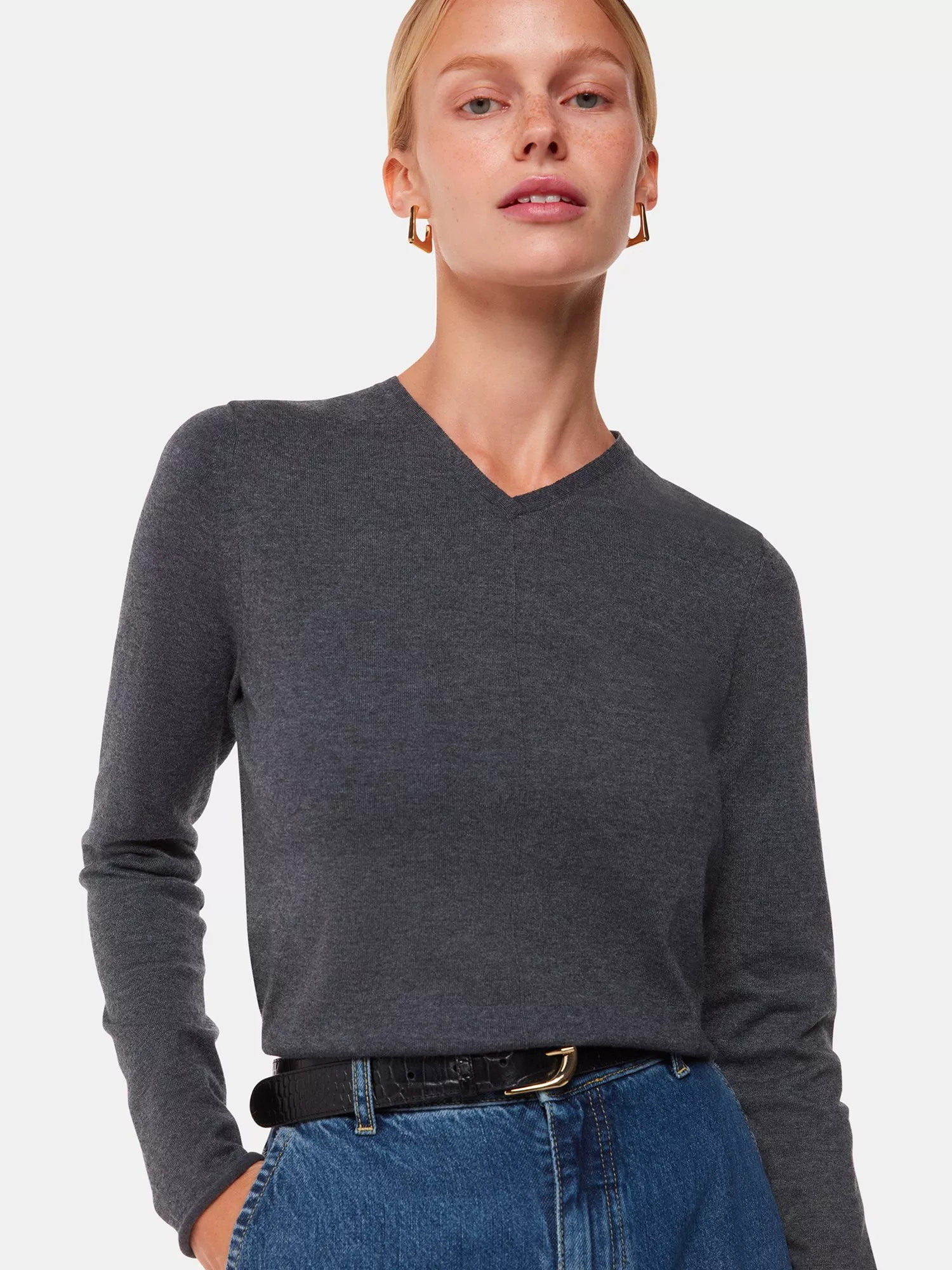 Whistles Mila V-Neck Jumper, Dark Grey | John Lewis (UK)