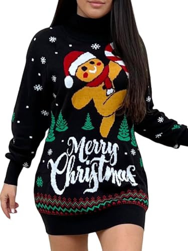 Ugly Christmas Sweaters for Women 2024 Funny Xmas Gingerbread Turtleneck Novelty Snowflake Black Dress Loose Long Sleeve High Neck Holidays Pullover Baggy Knit Cute Winter Tops Party Festive M | Amazon (US)