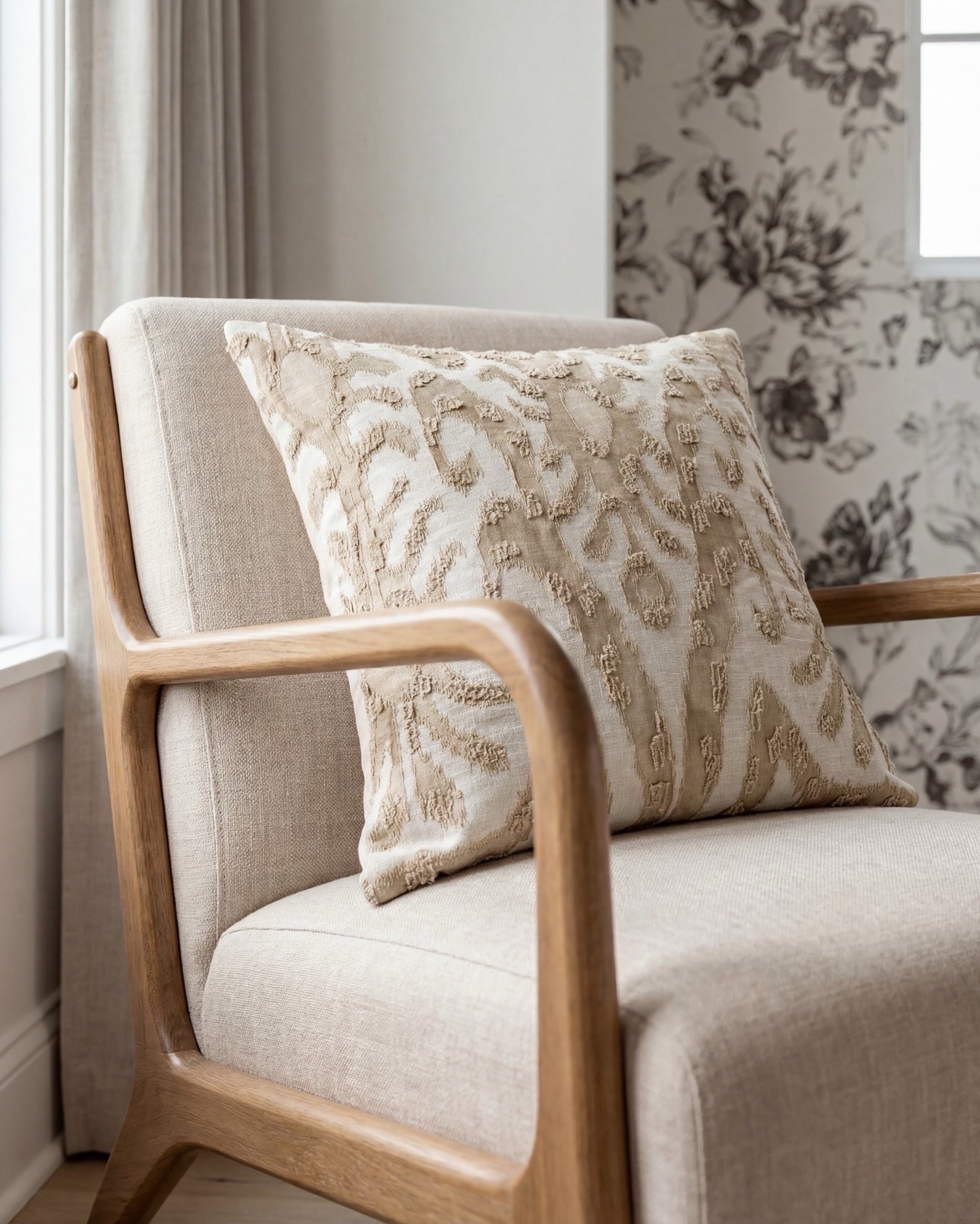 Items in this room:
• Upholstered channel-tufted bed — ivory/cream
• Chunky knit throw — warm chestnut brown
• Decorative pillows — muted sage, oatmeal, charcoal
• Light oak nightstands — natural finish
• Ceramic table lamps — soft cream
• Woven ottomans — natural jute
• Patterned area rug — taupe, sand, charcoal
• Accent chair — cream upholstery with warm wood frame
• Botanical wall art — black frames
• Floral wallpaper — charcoal sketch on ivory background

#LTKsale #LTKhome #LTKstyletip