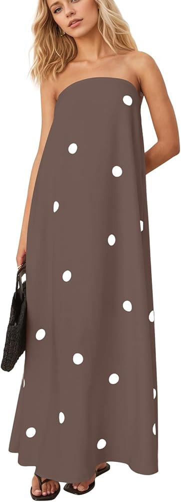 Women Polka Dot Strapless Maxi Dress Summer Flowy A Line Ruffle Backless Off Shoulder Long Tube D... | Amazon (US)