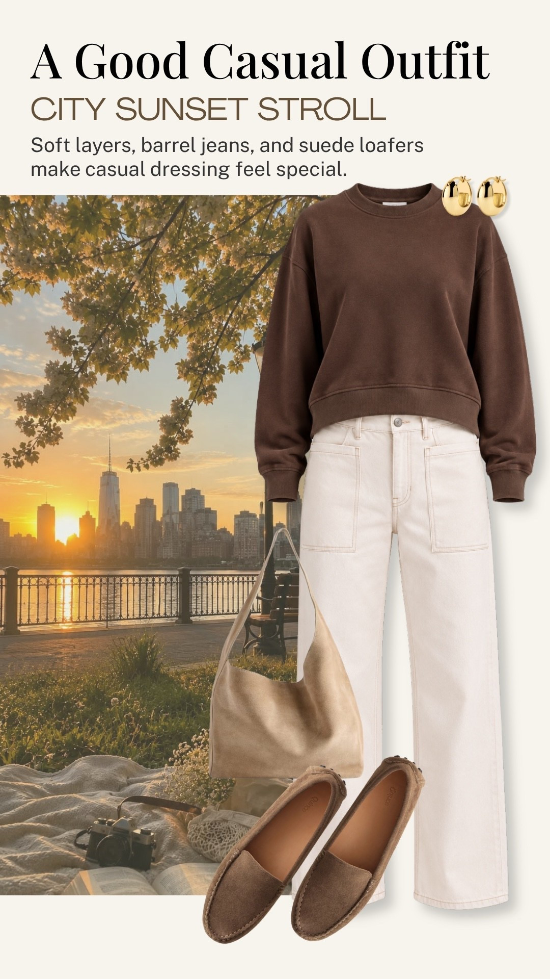 This is the kind of casual outfit I reach for when I want comfort without looking too casual. A soft brown sweatshirt with white wide-leg jeans and suede loafers is an easy, polished combination for a city stroll, coffee, or a relaxed afternoon outdoors.

#LTKootd #LTKOver40 #LTKTravel