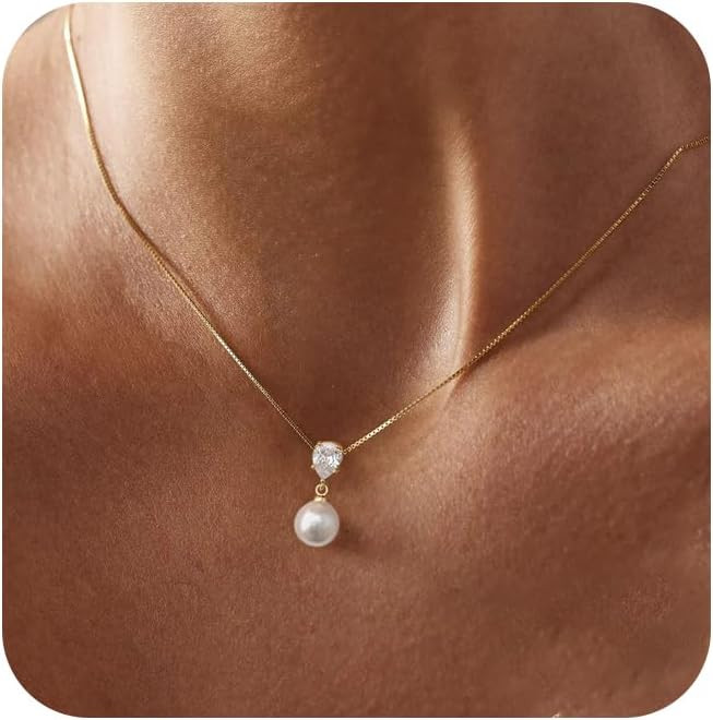 Pearl Necklaces for Women, Dainty Pearl Drop Necklace 14K Gold Plated CZ Pearls Pendant Necklace ... | Amazon (US)