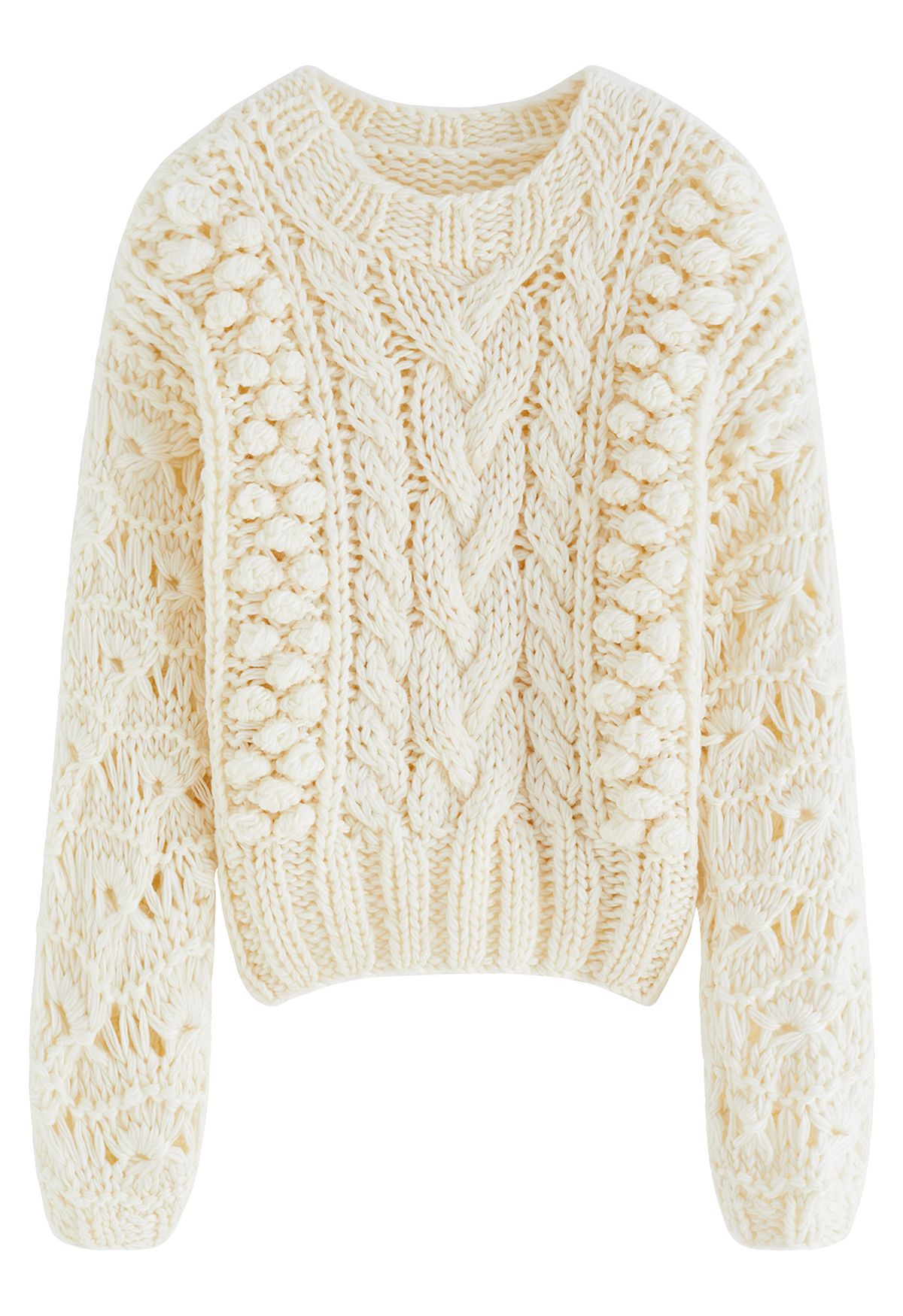 Crew Neck Pointelle Sleeve Pom-Pom Knit Sweater in Ivory | Chicwish