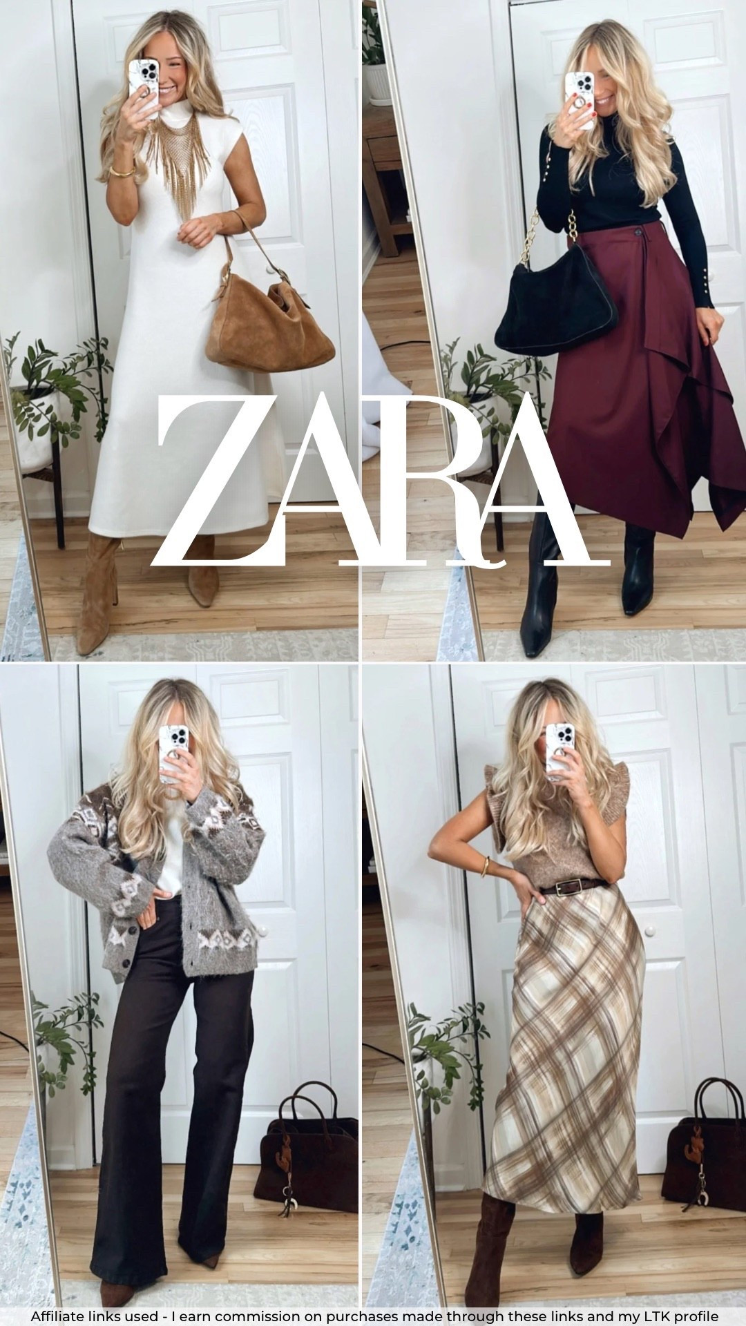 Zara fall outfits 🍂 Sizing info ⬇️:
-Winter white midi dress: medium 
-Black turtleneck: medium
-Burgundy midi skirt: medium -Brushed jacquard cardigan: medium
-Dark brown wide leg jeans: size 6
-Camel ruffle sleeve sweater: medium
-Plaid slip skirt: medium 

