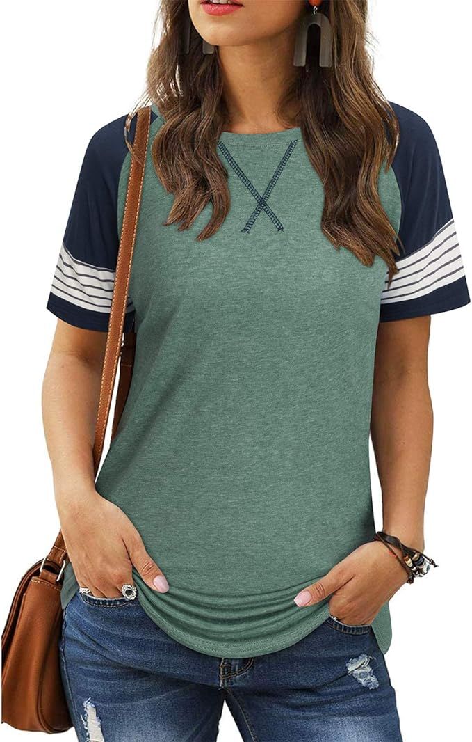 Newshows Women's Summer Short Sleeve Shirts Crew Neck Tees Striped Color Block Blouse Tops | Amazon (US)