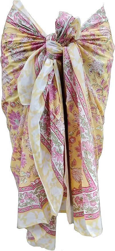FIKIMOS Cotton Hand Block Print Sarong Women's Swimsuit Wrap Cover Up Long (73" x 44") Yellow-5 | Amazon (US)