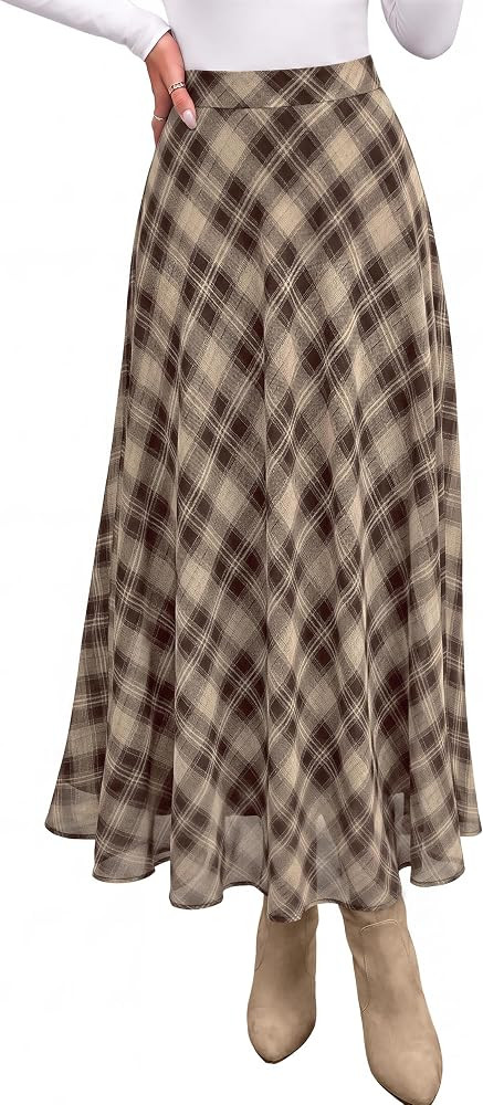Fall Fashion Lightweight Chiffon Gingham Elastic Waist Long Skirt,Cute Winter Clothing,Spring Flo... | Amazon (US)