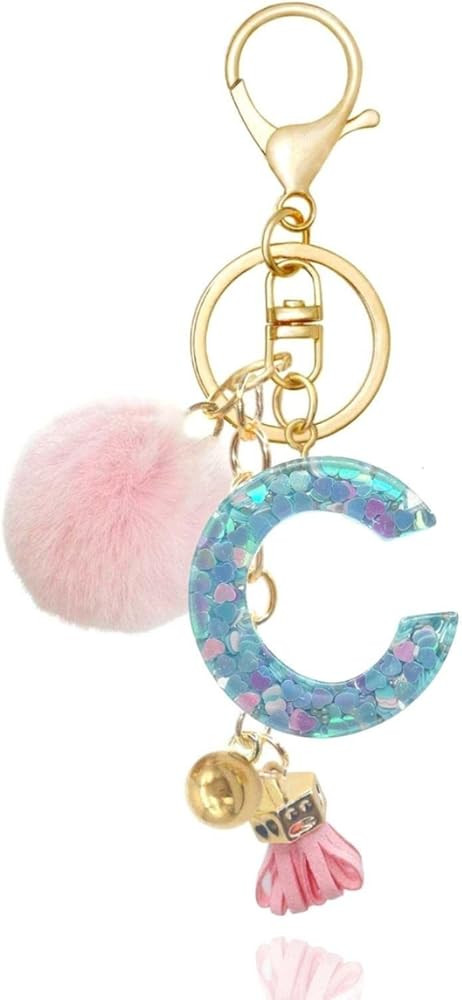 Meefisher Blue Pink/Green Alphabet Initial Letter Keychain Tassel with Fur Ball Pom Pendant Keyri... | Amazon (US)