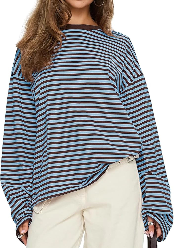 CHYRII Women Oversized Striped Long Sleeve T Shirt Fashion 2026 Crewneck Casual Fall Spring Tops ... | Amazon (US)