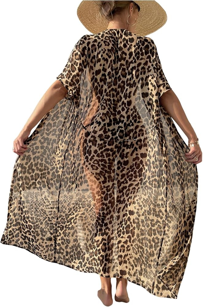 WDIRARA Women's Leopard Print Open Front Long Kimono Swimsuit Cover Up Sheer Beach Bathing Suit C... | Amazon (US)
