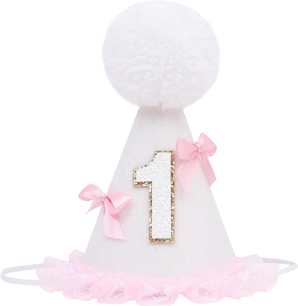 Pink Bow 1st Birthday Hat - Little Princess First Birthday Decorations,White Cone Hat with Bow,Bi... | Amazon (US)