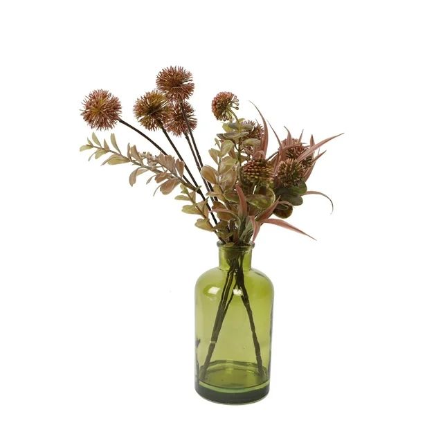 Flora Bunda 15" Artificial Fall Floral Arrangement Made for Tabletops - Green Glass Vase | Walmart (US)