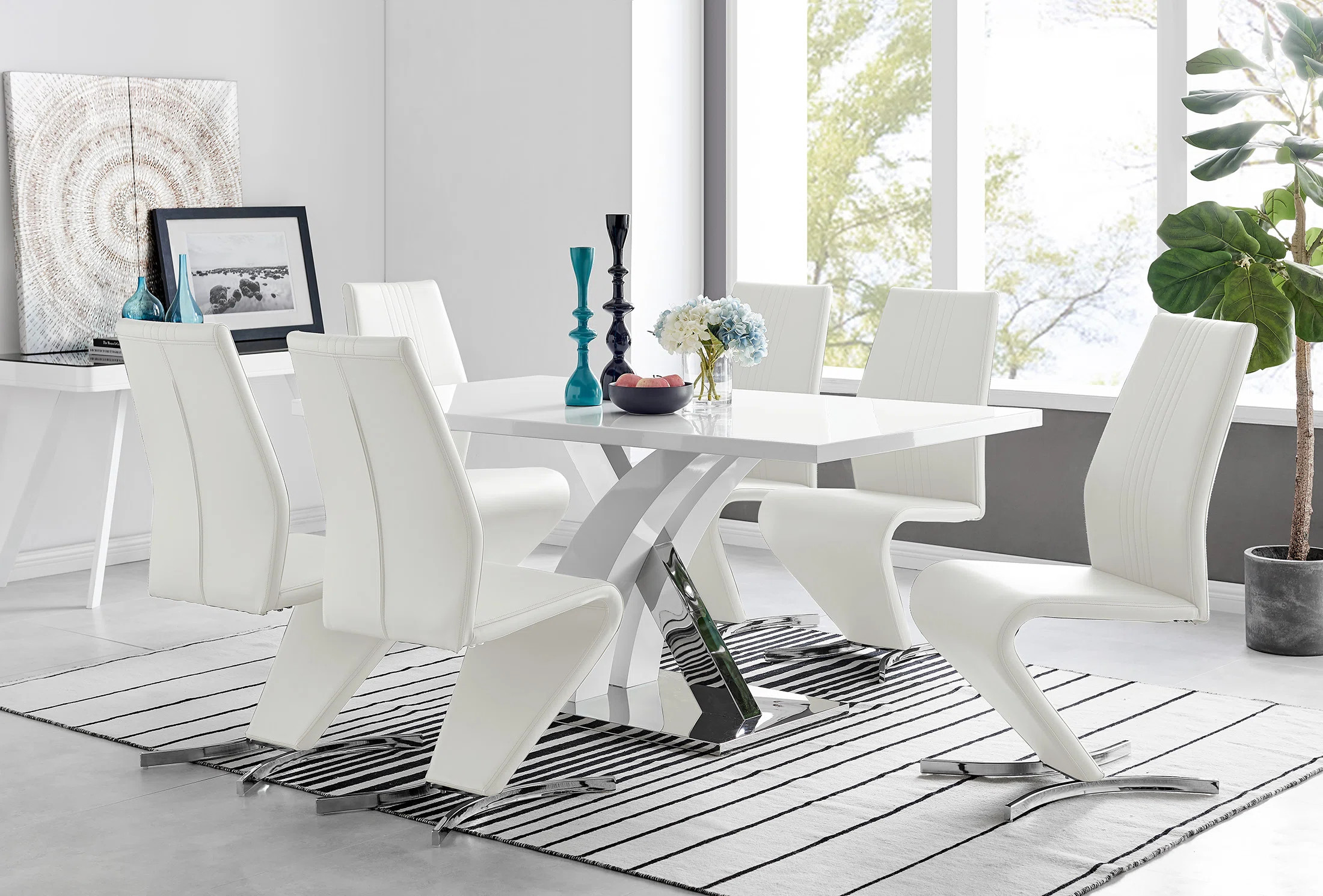 Edzard Chrome & White High Gloss Dining Table Set with 6 Luxury Faux Leather Dining Chairs | Wayfair North America
