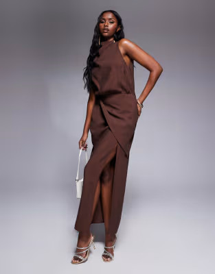 ASOS DESIGN high neck drape midi dress in dark chocolate | ASOS | ASOS (Global)