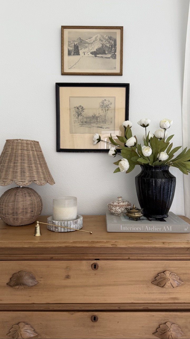 I don’t like feeling like there’s wasted space in my home. So I’m fixing that by decorating one area at a time! 

I LOVE collecting vintage and antique pieces and pairing them with things that feel fresh and new. 

We are remodeling our house so eventually that 90’s tile will be gone forever. But for now, we look at it every day and that’s okay! 

#deocrating #home #decor