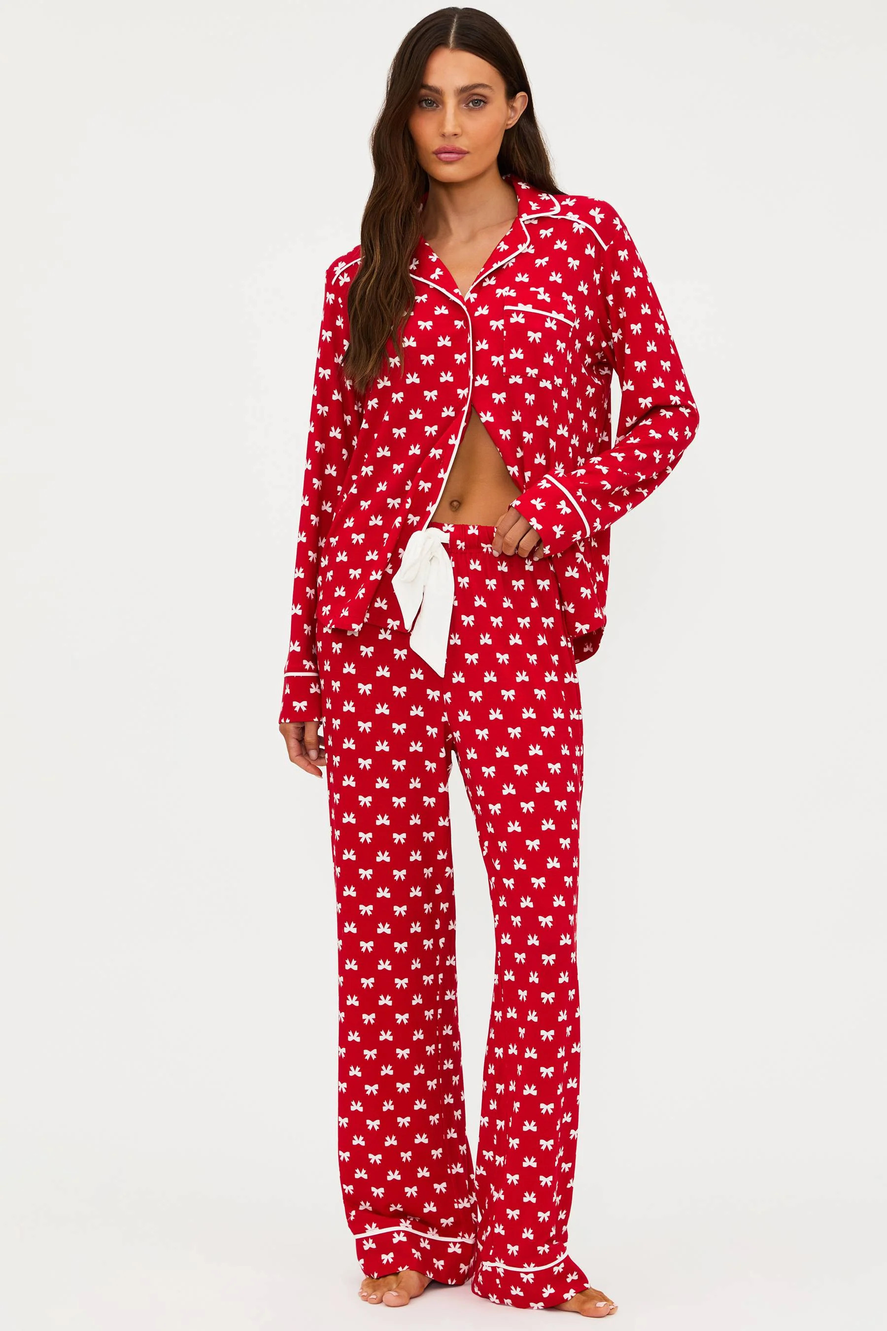 Livy Top & Connie Pant Set Peppermint Bows | Red Long Sleeve Pajama Pant Set | Beach Riot