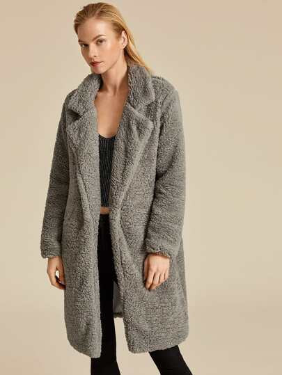 Open Front Notched Collar Teddy Midi Coat | SHEIN