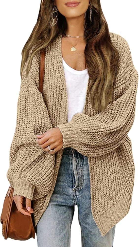 MEROKEETY Women's Open Front Long Lantern Sleeve Cardigan Oversized Chunky Outwear with Pocket | Amazon (US)