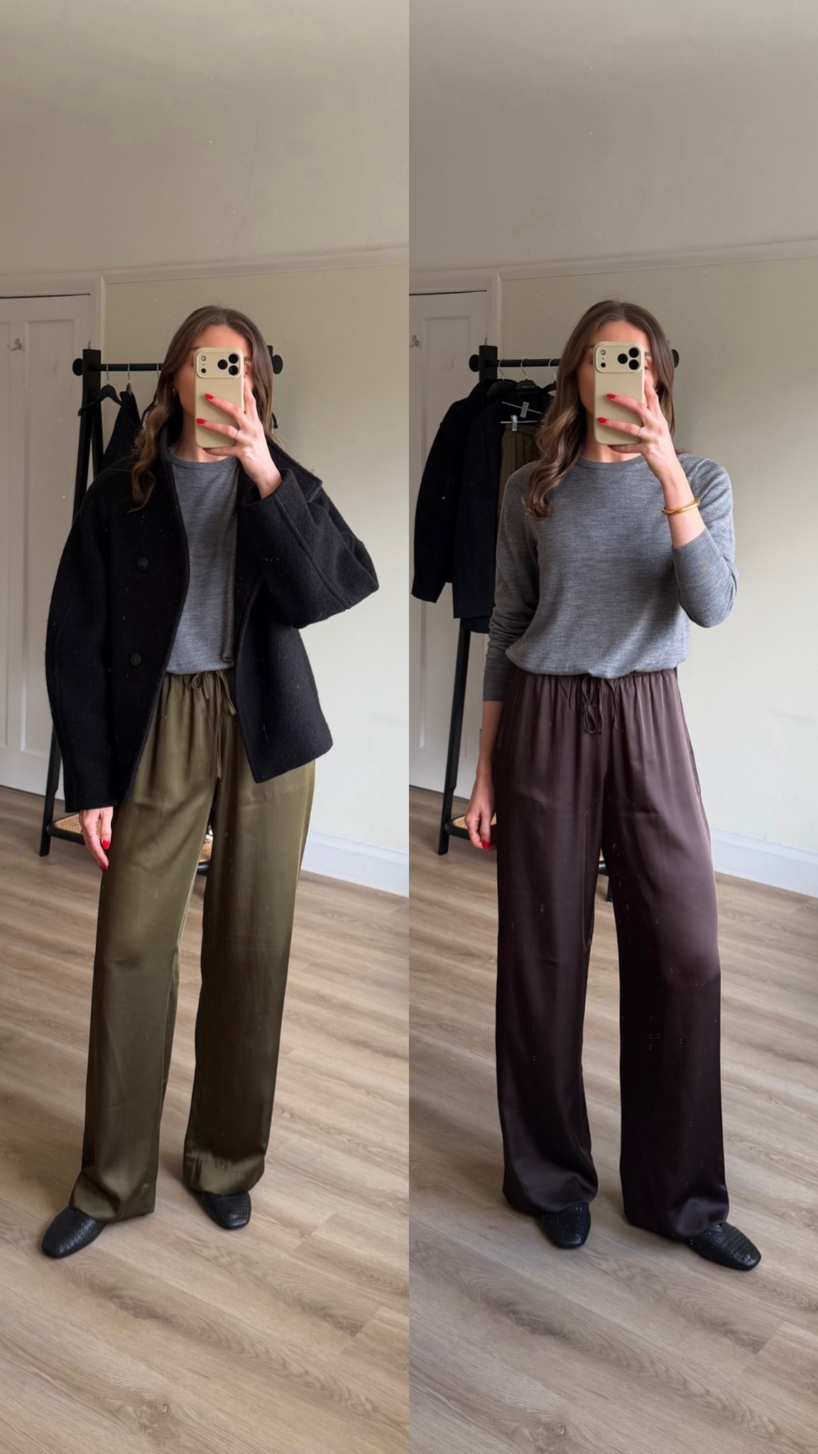 The brown satin trousers or the olive? 
Trying an XS long in both 
I’m 5ft 6 
15% off and then use: AFEMILY for an extra 15% off on top ( ends today! 