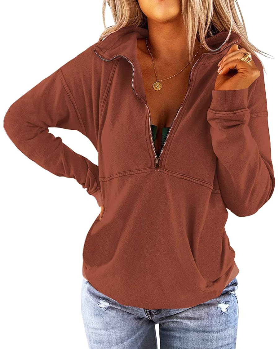 Floral Find Women's Long Sleeve Lapel Half Zip Up Sweatshirt Solid Stylish Loose Fit Casual Pullo... | Amazon (US)