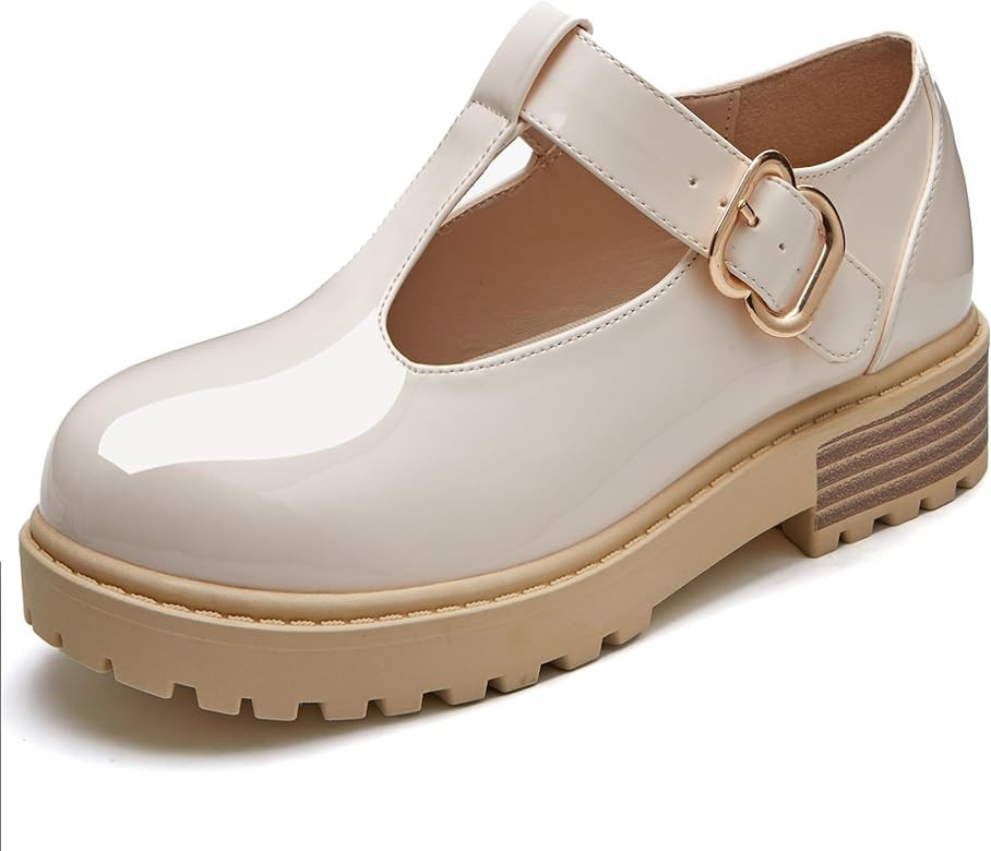 Coutgo Girls T-Strap Mary Jane Shoes Chunky Low Heel Platform Velcro Closed Toe School Uniform Dr... | Amazon (US)