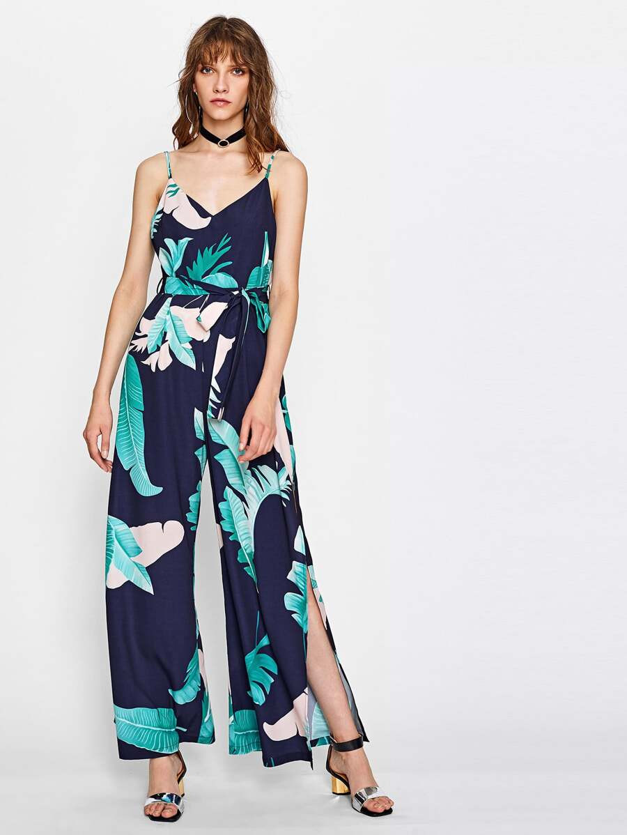 http://www.shein.com/Palm-Leaf-Print-V-Back-Slit-Cami-Jumpsuit-p-370315-cat-1860.html | SHEIN