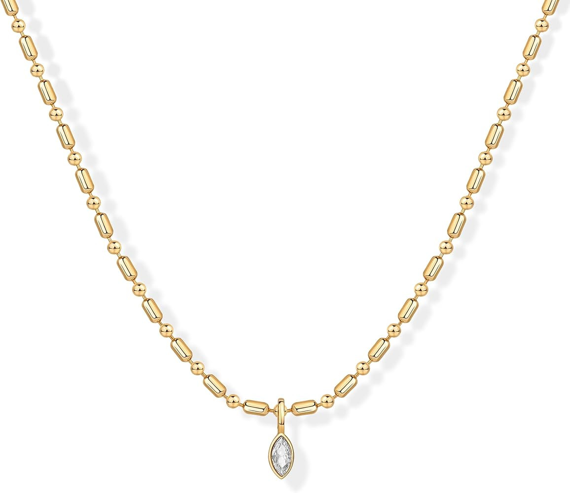 PAVOI 14K Gold Plated Dainty Tube Ball Square Beaded Chain Bezel Set Solitaire Pendant Necklace f... | Amazon (US)