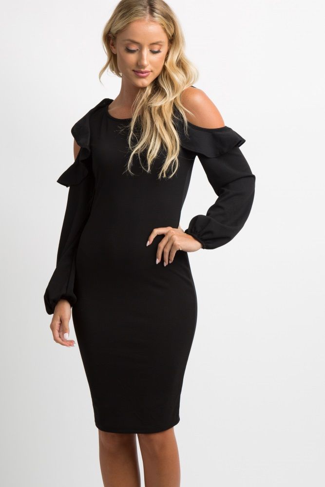 Black Ruffle Trim Puff Sleeve Dress | PinkBlush Maternity