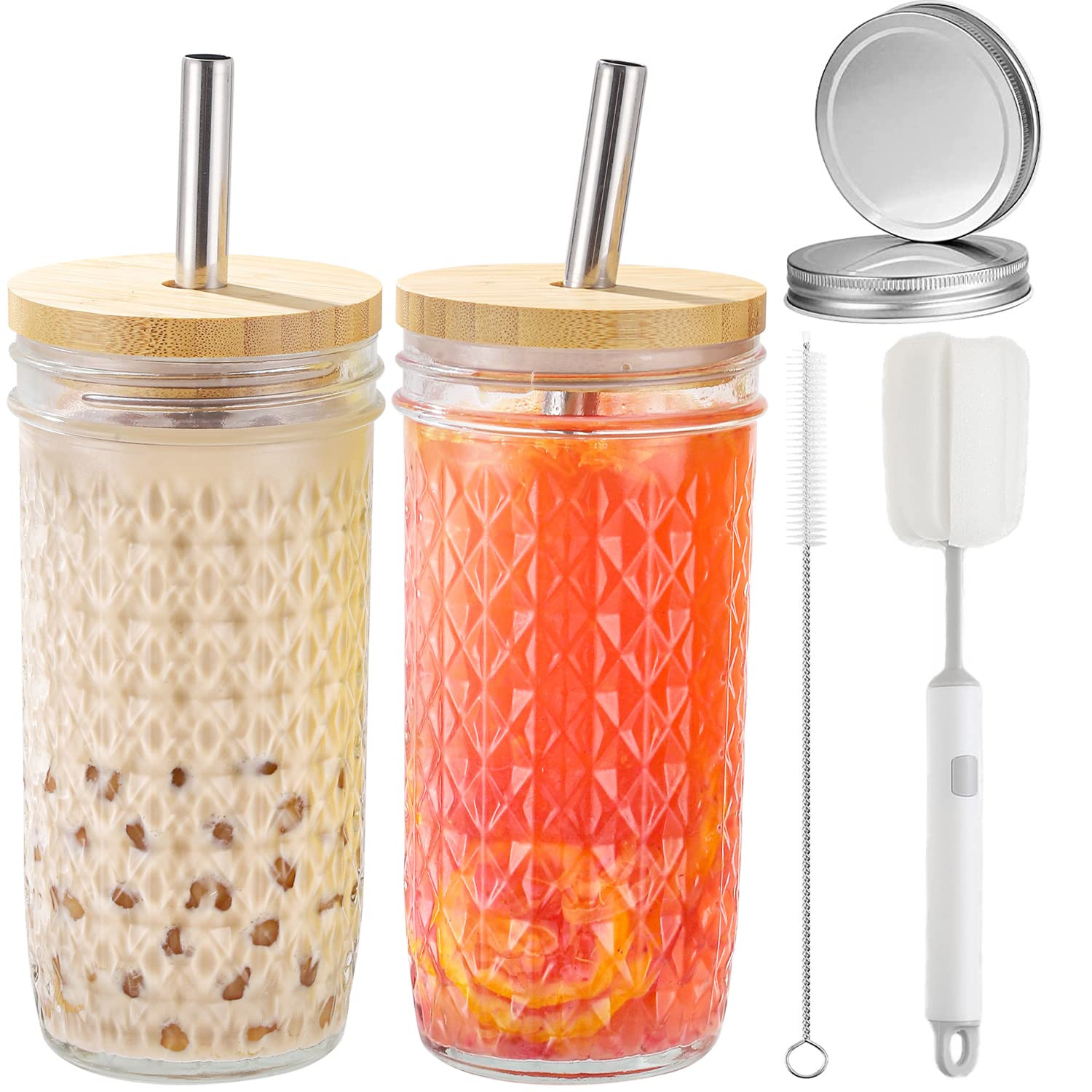 2 Pcs Glass Cups Set - 24oz Mason Jar Drinking Glasses with Bamboo Lids & Straws & 2 Airtight Lid... | Amazon (US)
