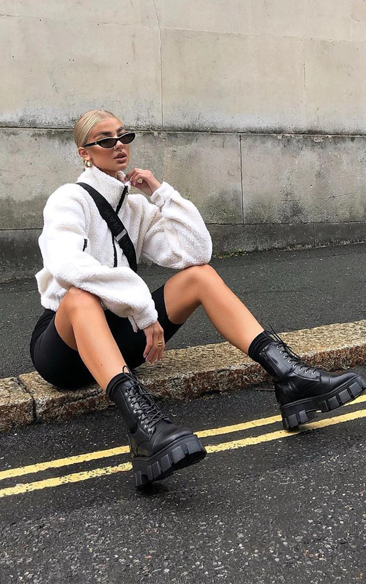 Black Lace Up Extreme Cleated Sole Hiker Boots | PrettyLittleThing UK