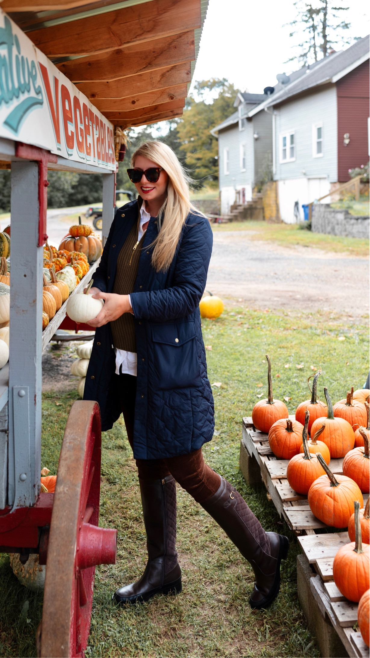 Great fall layers: Quilted blue jacket, brown corduroy jeggings, brown knee high boots, white boyfriend shirt, olive green zippered sweater vest, fall outfit

#LTKover40 #LTKmidsize #LTKsalealert