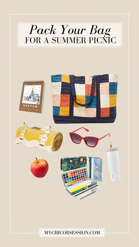 Pack your bag for a summer picnic for an art-filled afternoon with a quilted tote bag from Free People, red sunglasses, an Owala water bottle, paints, a sketch book and a yellow picnic blanket.

#LTKItBag #LTKSeasonal #LTKFindsUnder100