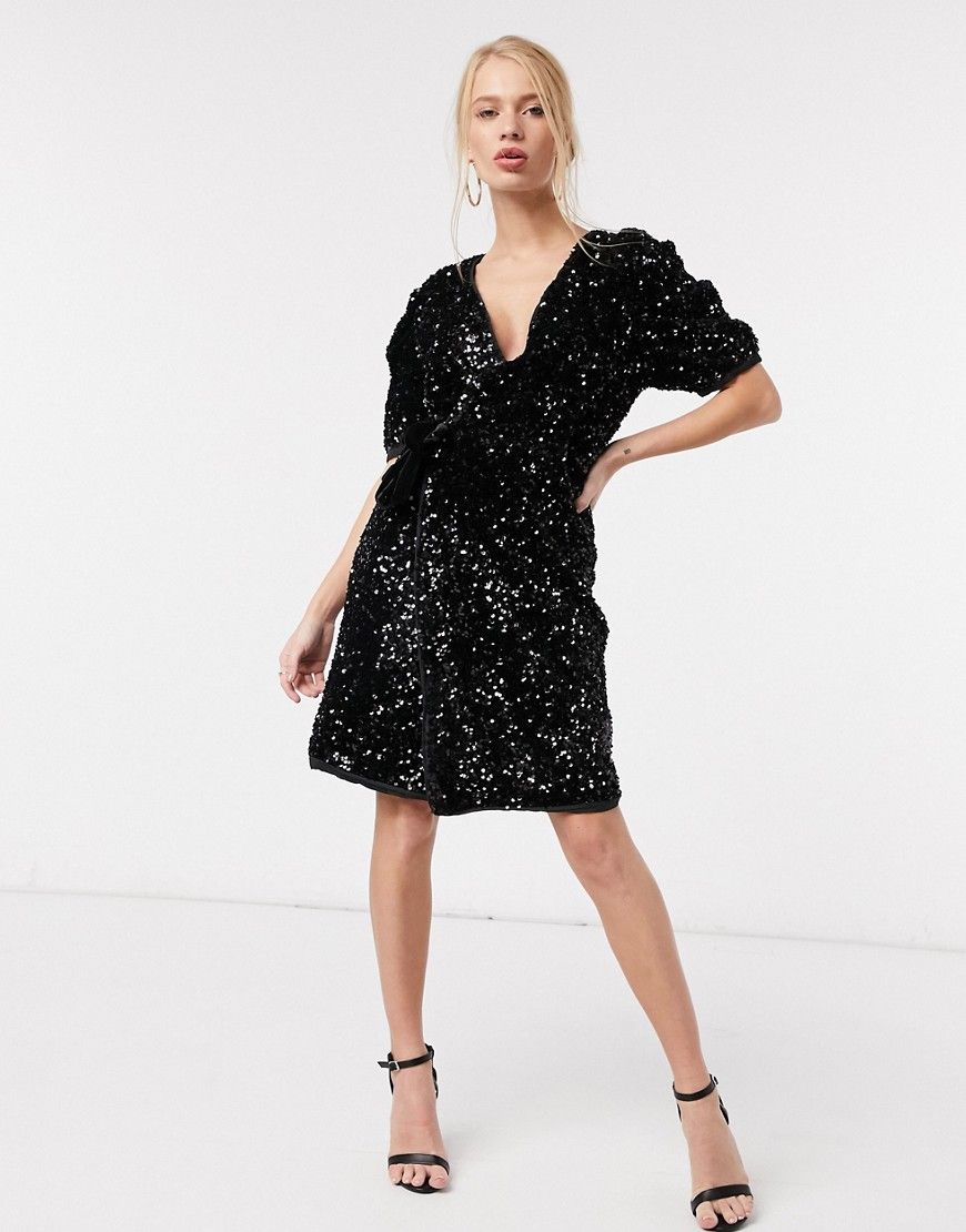 Y.A.S mini wrap sequin dress with puff sleeves in black | ASOS (Global)
