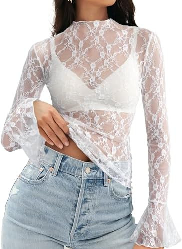 MEROKEETY Womens 2025 Mesh Sheer Lace Long Sleeve Top Sexy Y2k Mock Neck See Through Shirt Blouse... | Amazon (US)