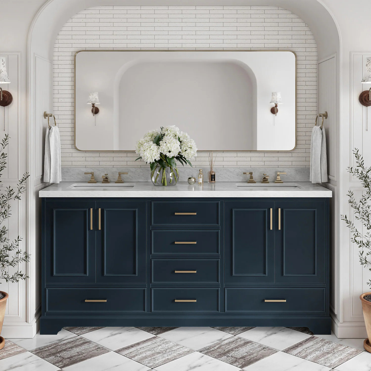 ARIEL Stafford 72-in Midnight Blue Undermount Double Sink Bathroom Vanity with Carrara White Marble Marble Top | M073DCWRVOMNB | Lowe's