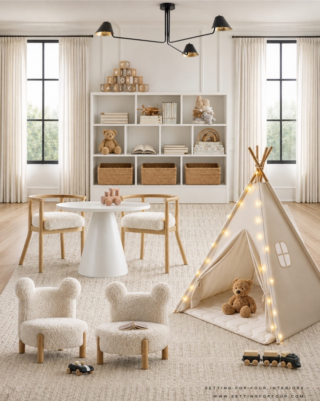 Neutral modern playroom for the kids! Designer picks. Neutral aesthetic, bonus room, playroom storage, play table and chairs, play tent, reading nook, kids chairs, nap time, cube organizer, curtains, organic modern, transitional, Restoration Hardware style, Crate & Barrel Kids, Pottery Barn kids, Amazon home, luxury, elevated

#LTKhome #LTKsale #LTKkids