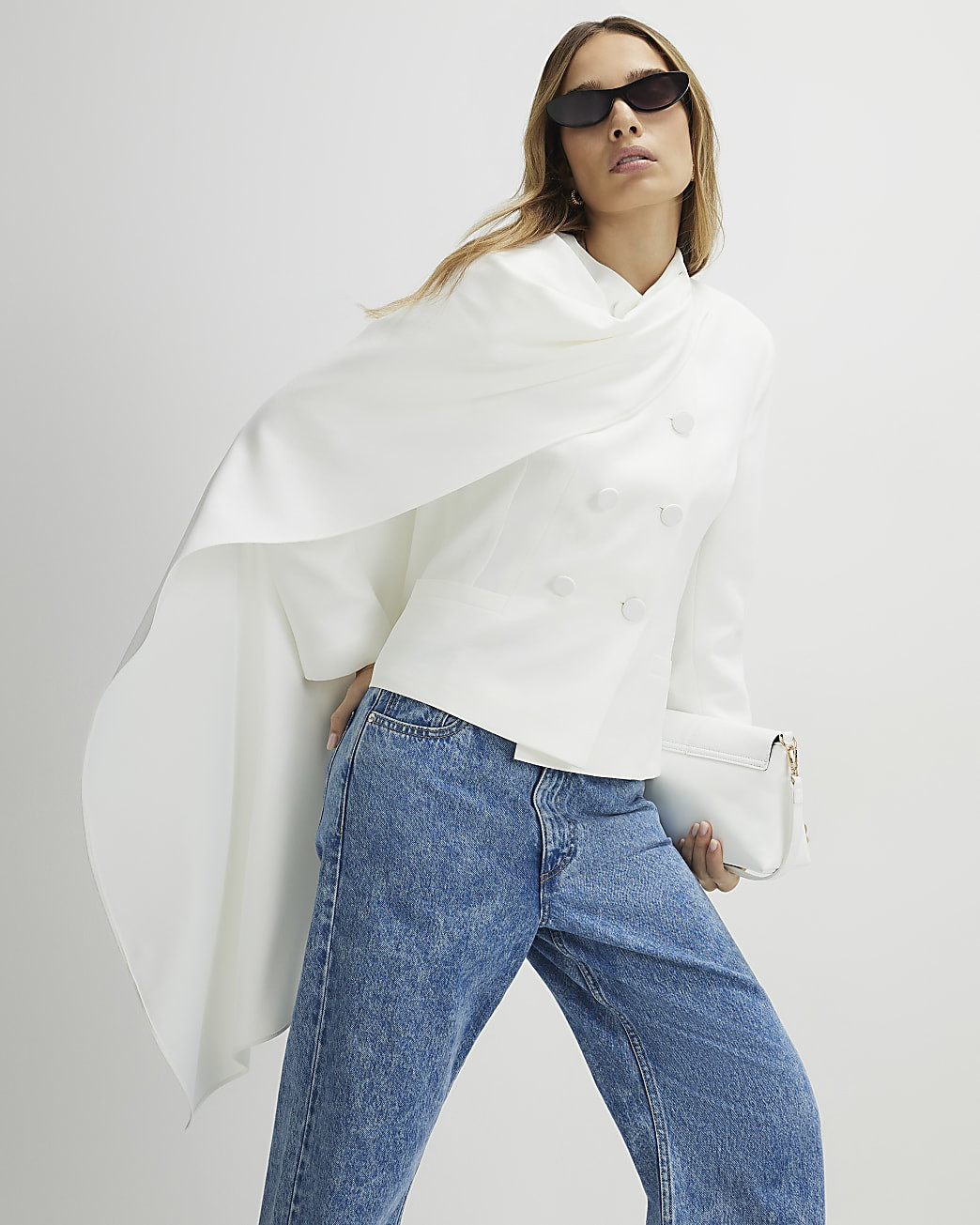 White Long Sleeve Short Cape Blazer | River Island UK & IE