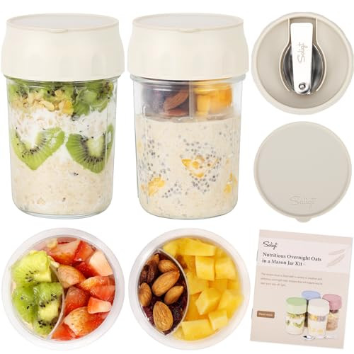 SOLIGT 2 Pack Overnight Oats Containers with Lids, Folding Spoons and Divided Compartments for Fruit & Nuts, Small Glass 16oz Mason Jars for Oatmeal Yogurt Parfait (2 Set-Oat White/Oat White) | Amazon (US)