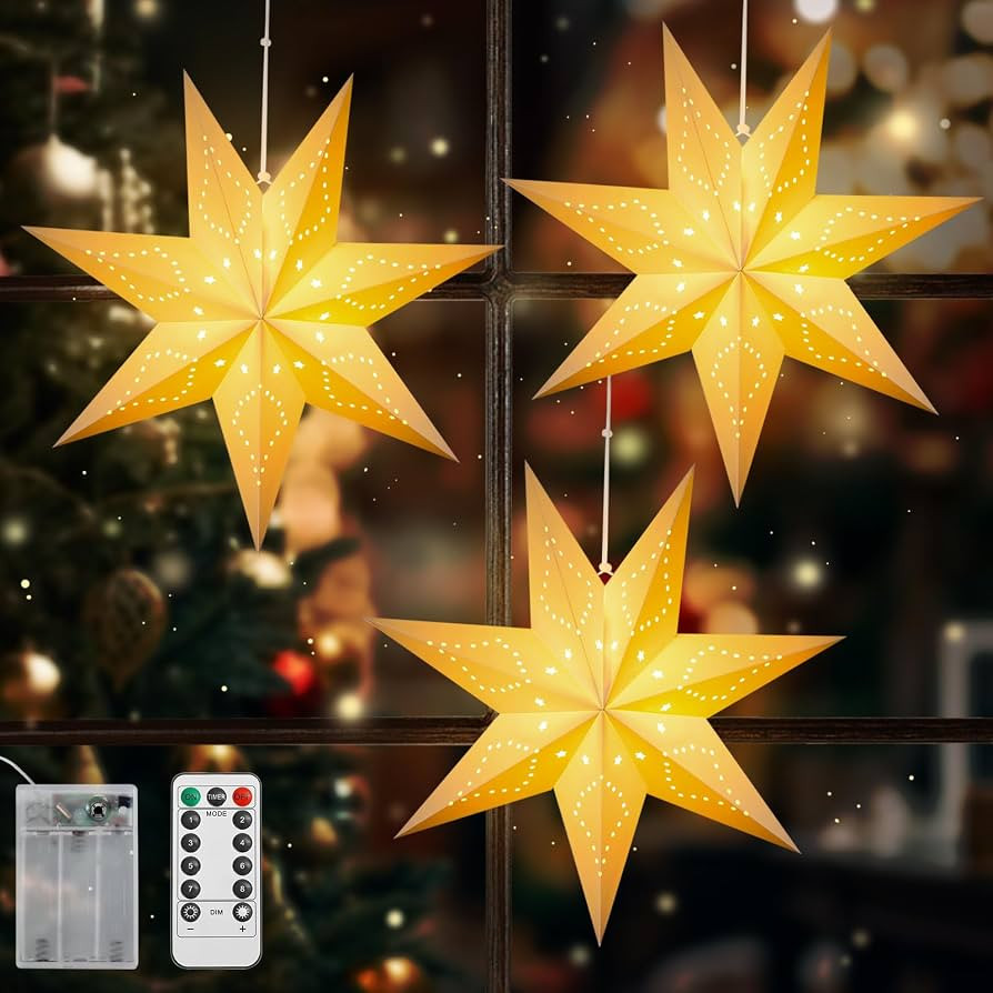 Lewondr Christmas Paper Star Lantern 3Pack, Hanging Star Light with Remote Control, Led Paper Lan... | Amazon (CA)