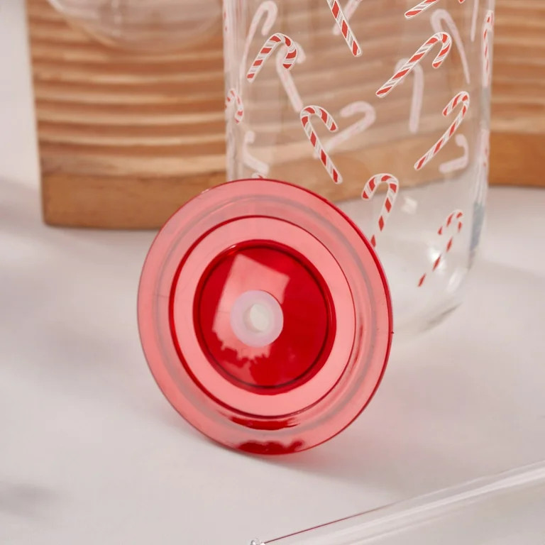 Candy Can Sipper Glass with Lid 20 OZ Holiday Time | Walmart (US)
