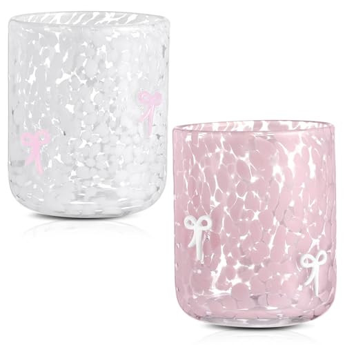Yoiemivy 2 Pack Bow Icon Juice Glasses Coquette Aesthetic Glass Cups 14 oz Double Old Fashioned Icon Handblown Stemless Wine Glasses Cute Pink Glass Drinking Cups for Party Supplies Gifts | Amazon (US)