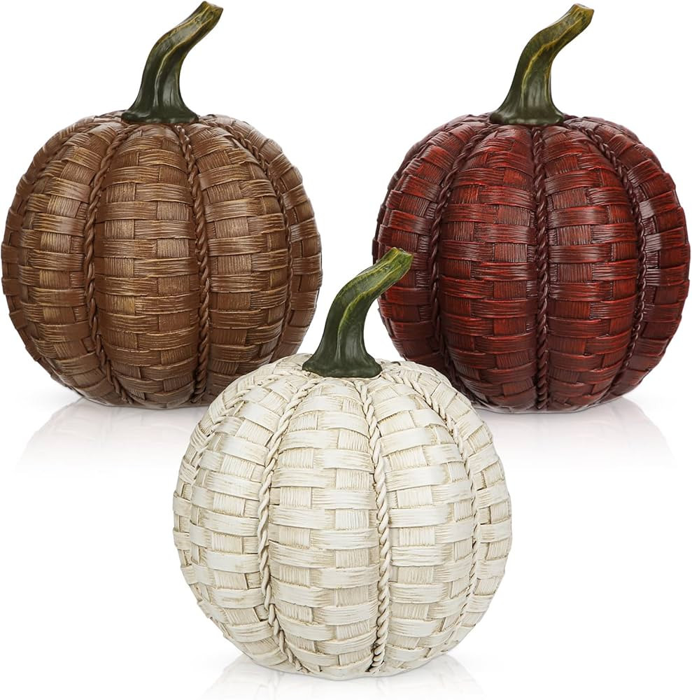 Oairse 6 Inch Large Artificial Pumpkins, 3 Pcs Fall Pumpkin Decor Beige Dark Red Brown Faux Resin... | Amazon (US)
