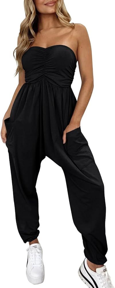 MIHOLL Womens Jumpsuit 2024 Casual Summer Strapless One Piece Rompers Loose Overalls Jumpers with... | Amazon (US)