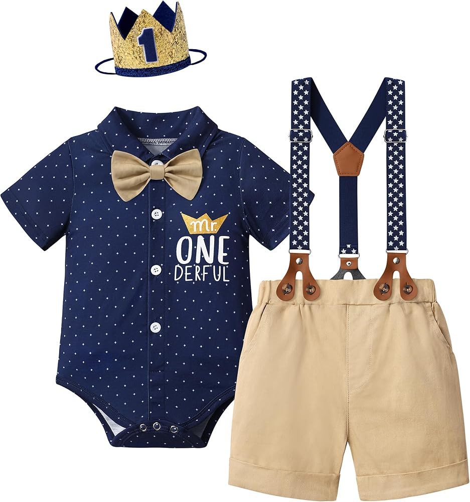 DONWEN Baby Boy First Birthday Outfit Mr Onederful Bowtie Romper + Suspender Shorts+ Party Hat Ca... | Amazon (US)